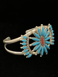 Sterling Silver 925 Southwestern Turquoise Petit Point Cluster Cuff Bracelet - Picture 1 of 12