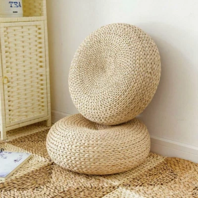 Natural Straw Woven Pouf Ottoman - Image 1 of 4