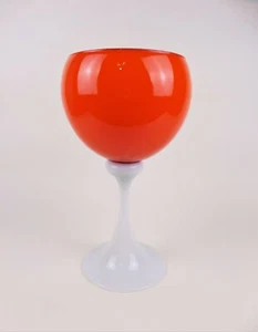 Vintage Mid Century Large Orange Art Glass Footed Compote White Stem 1960 1970 - Picture 1 of 4