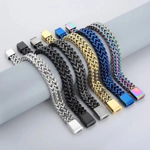 Braided Double Row Keel Luxury Vintage Stainless Steel Men Bracelets Simple Cool - Picture 1 of 19