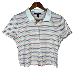 Forever 21 Cream and Multi Color Horizontal Pinstripe Button Front Crop Top Med - Picture 1 of 5