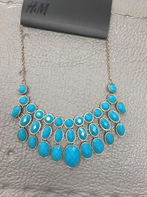 H&M Nuevo Collar Gotas Verano Azul Imitación Piedra Tono Dorado Declaraciones Foto 1 de 4