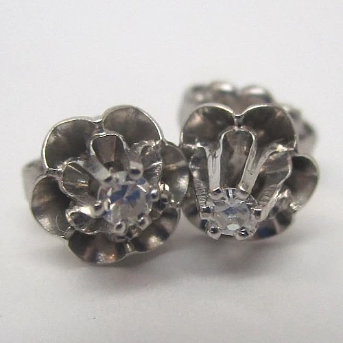 Vintage 14k White Gold Natural Diamond Buttercup Setting Earrings .06ct TW - Image 1 of 4