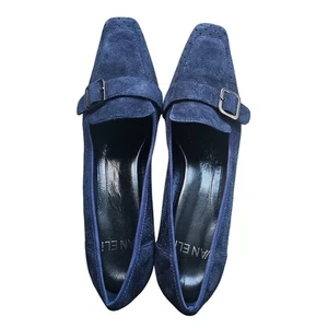 Vaneli Navy Blue Suede Buckle Square-Toe Low Kitten Heel Pumps Women's Size 9M - Picture 1 of 14
