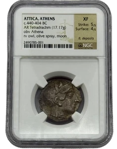 Tetradracma Attica Athens AR c.440-404 aC NGC XF, búho, oliva, luna, 5/5 + 4/5. - Imagen 1 de 2