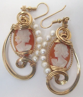 Vintage Gold Filled Dangle Hand Carved Shell Cameo and Pearl Earrings Wire Wrap - Image 1 of 4