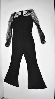 Girls High Waist Flare Leg Jumpsuit Pants Sheer Mesh Bishop Sleeve Black 8Y - Image 1 of 4