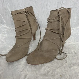 New Vince Camuto Beige Zip Up Suede Boots 7M/37  Chainai Leather Laces 3.5" Heel - Picture 1 of 11