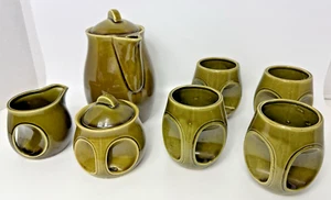 Vintage 1970's MCM JAPAN 9 Piece TEA SET Avocado Green OWL EYE Abstract Handles - Picture 1 of 21