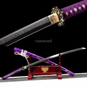 T10 Steel Clay Tempered Japanese Katana Real Hamon Purple Sword Full Tang Sharp. - Picture 1 of 10