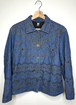 Chaqueta de mezclilla vintage bordada con cuentas 1X Jean 3D Boho Western Floral Fairy Top Foto 1 de 4