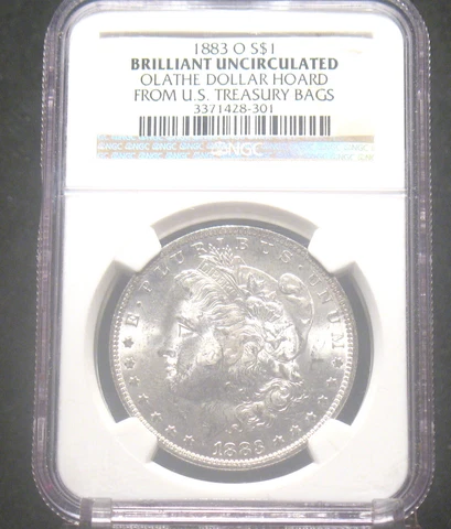 1883-O U.S.Morgan Silver Dollar $1 NGC Brilliant Uncirculated Treasury Bag Hoard Cover