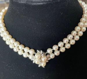 VINTAGE Double Strand CULTURED PEARL Necklace w/14K Gold, Pearl & Diamond clasp - Picture 1 of 7