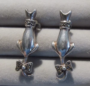 Cute Kitty Cat Stud Pierced Earrings .925 Sterling w/ Marcasite Details 2-1/8" - Picture 1 of 6