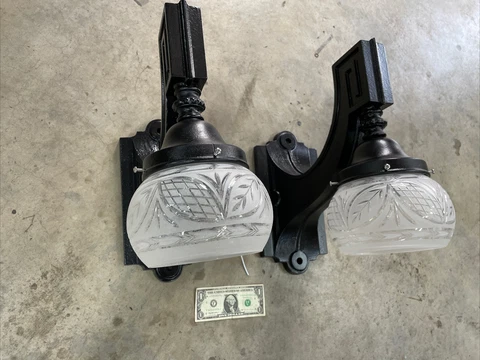 Antique Original Pair Giant Cast Iron Wall Porch Lights Cover