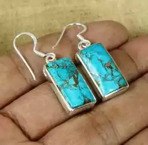 Orecchini a gancio in argento sterling 925 turchese rame blu pietra preziosa naturale 1 paio - Foto 1 di 5