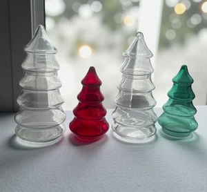 Vintage Christmas Tree Shaped Candy Jars Set of 4 Clear 11" Red & Green 7.5" - Picture 1 of 7