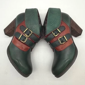L'Artiste Leather Ankle ELF Boots Green Red Buckle Heel Plaid Lining 37 or 6.5 - Picture 1 of 15