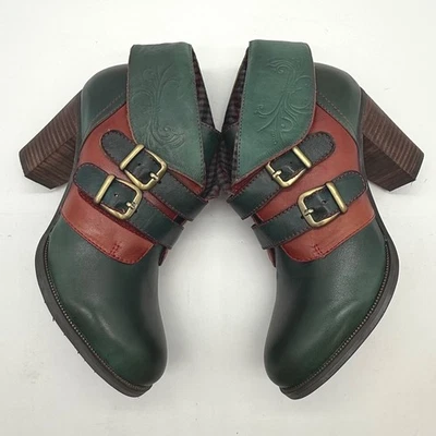 L'Artiste Leather Ankle ELF Boots Green Red Buckle Heel Plaid Lining 37 or 6.5 - Image 1 of 4