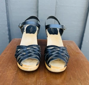 SWEDISH HASBEENS Leather CLOG Wooden Heel SANDALS black open toe 7US 37 EU  - Picture 1 of 5