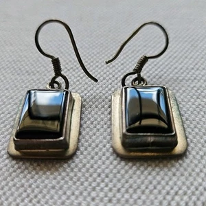 Vtg 1950s Mexico Sterling Silver Black Onyx Rectangle Fish Hook Dangle Earrings - Picture 1 of 6
