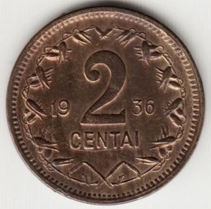 LITHUANIA KM#80. 2 CENTAI 1936. XF. Bronze State Coinage - Picture 1 of 2