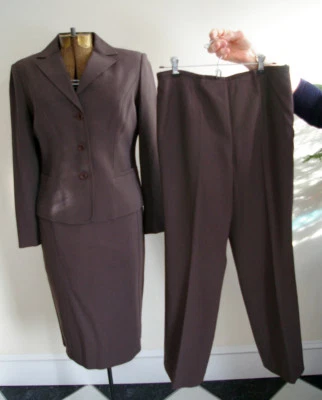 Lana TALBOTS Marrón Traje de Negocios Falda Pantalones Chaqueta 2 Piezas 3 Piezas Talla 8 Forrado Trabajo Foto 1 de 4