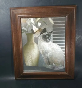 Vintage Siamese Cat Print Blue Point Foil Metallic in Wood Frame - Picture 1 of 12