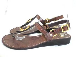 TORY BURCH TRENT USED 9 M BROWN/GOLD CROC LEATHER THONG SANDALS/WEDGES/SLINGBACK - Picture 1 of 10