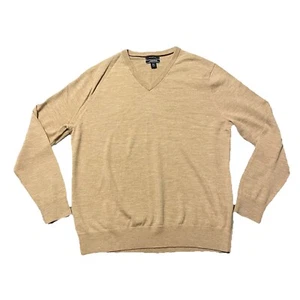 Lands End 100% Merino Wool Sweater Mens Sz XL 46-48 Tan Beige Pullover V-Neck - Picture 1 of 11