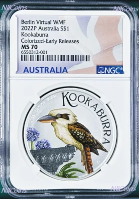 2022 Berlin Show Virtual WMF Australia Kookaburra Silver NGC MS70 1oz $1 Coin ER - Image 1 of 4