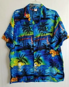 Camicia Rima Isola Hawaiana Stampa Collo Manica Corta Blu Multi Bottoni Taglia L - Foto 1 di 6