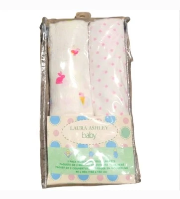 NUEVO VINTAGE Laura Ashley Bebé DOS Mantas Envoltura Rosa Conejito Blanco Algodón Regalo Foto 1 de 2
