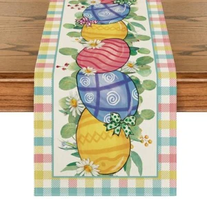 Easter Decorations Eggs Flowers Colorful Buffalo Plaid Table Runner Gift 13"x72" - Picture 1 of 12