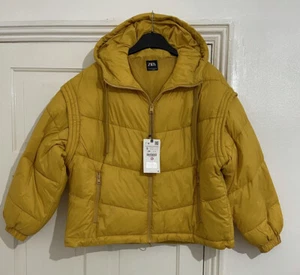 ZARA MUSTARD WATER REPELLENT HOODED PUFFER JACKET WITH DETACHABLE SLEEVES S NEW - Picture 1 of 9