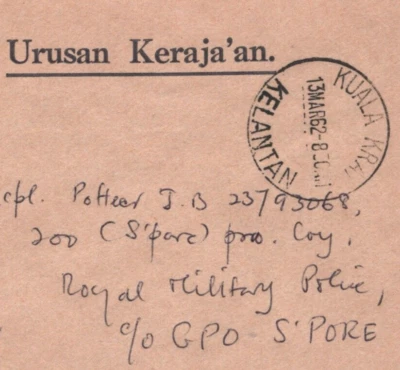 MALASIA/MALASIA Cubierta Oficial Kuala Krai Policía Militar de Singapur 1962 MA1720 Foto 1 de 4