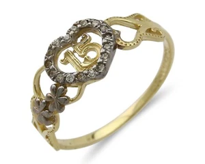 14k Solid Yellow Gold Heart Sweet 15 Ring Quinceanera 15 Anos Cumpleanos - Picture 1 of 10
