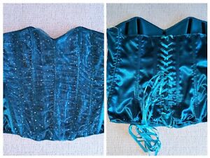 Vintage Intimate Attitudes 44 Teal Blue Glitter Lace Satin Boned Lace-Up Corset