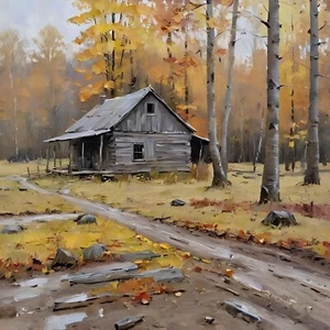 aceo art card Cabin in the Fall Woods a Soaking Rain - Bild 1 von 1