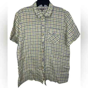 Flax Yellow/Blue Plaid 100% Linen Lagenlook Button-Front Shirt Small - Picture 1 of 9