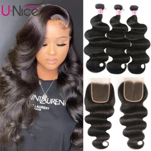 UNice Malaysian Body Wave Bundles Human Hair Extensions with Lace Closure Weaves - Picture 1 of 12