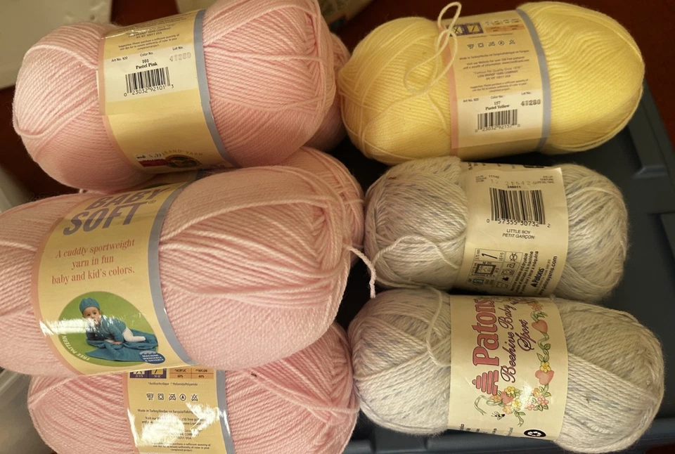 Baby Yarn Lot –8 Skeins –Bernat Softee & Patons Beehive – Pink Yellow Gray Spot - Image 1 of 4