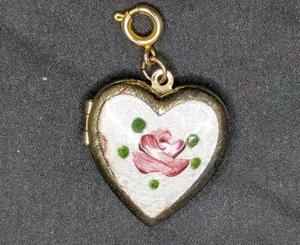 Vintage viktorianisch goldfarben Guilloche Emaille Herz Rose Foto Medaillon Anhänger - Bild 1 von 5