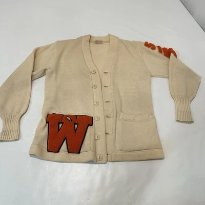 Vintage 1950s Varsity Letterman Cardigan Wool Sweater Size M/L Orange “W” Track - Image 1 of 4