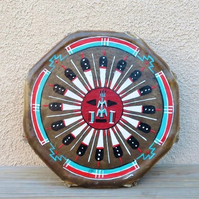 Tambor Cochiti Nativo Americano-Navajo Pintado a Mano-Diseño Sunface-Glen Nez Foto 1 de 4