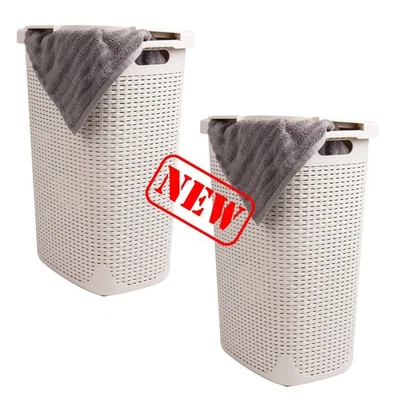 Cesto para la Ropa con Tapa, 60 L, Diseño de Mimbre Premium, Plástico, Paquete d - Image 1 of 4