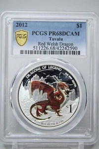 2012 $1 Tuvalu Red Welsh Dragon Colorized 1oz Silver Coin PCGS PR68DCAM #2590 - Picture 1 of 4