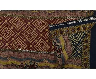 Vintage Black Sarees Pure Silk Bandhani Printed Sari Soft Craft Fabric Kimono - Image 1 of 4