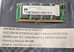 Micron 64MB PC66 66MHz non-ECC Unbuffered CL2 144-Pin SoDimm For Sale - Picture 1 of 1