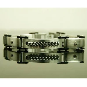 New Cool Heavy Metal Silver Chain Acrossed & Black Sterling Steel Thin Bracelet - Picture 1 of 1